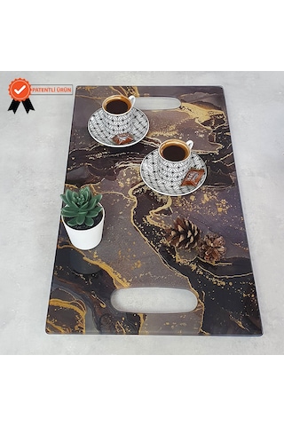 Decorita Cam Tepsi Kahverengi Simli Mermer 29Cm X 52Cm