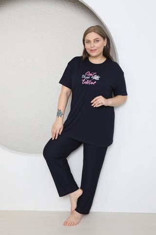 Fames Pijama Büyük Beden Likrali Ring Viskon Kisa Kol Yazlik Pijama Takim Lacivert