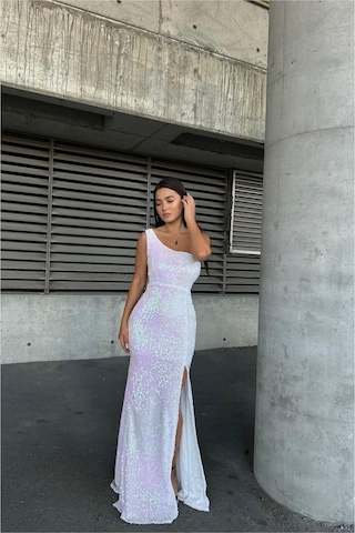 DefyModa Kadın Kadife Kumaş Asimetrik Yaka Payetli Abiye Elbise M