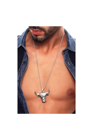 Erkek Antik Gümüş Kaplama Boğa Simge Uçlu Kolye Gümüş