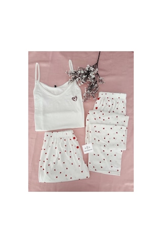 Mh Moony Homewears Çizik Kalp 3'lü Yumuşacık Yazlık Pijama Takımı Krem Bordo