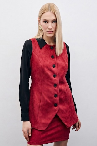 Sateen Düğmeli Uzun Süet Yelek - Bordo-135506 Bordo