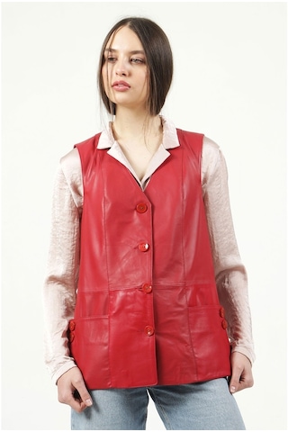 Dericlub Yb-2017 Gerçek Deri Kadın Yelek Kırmızı