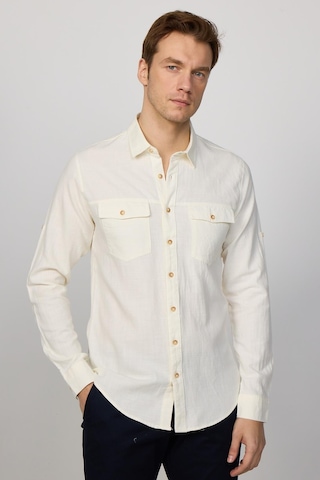 Tudors Slim Fit Uzun Kol Çift Cep Pamuk Keten Spor Yaka Beyaz Erkek Gömlek-29632-beyaz Beyaz