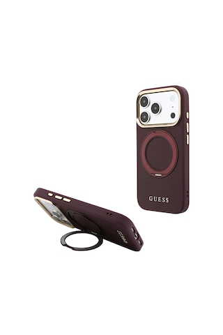 Apple iPhone Uyumlu 18 Pro Max Kılıf Guess Lisanslı M-safeli 360 Standlı Pu Metal Yazı Logolu Kapak Bordo