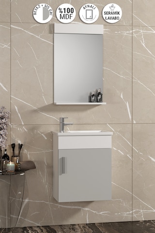 Lale 42x24 Cm Beyaz-sis Gri Mdf Seramik Lavabolu Asma Banyo Dolabı Takımı
