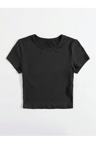 Bisiklet Yaka Siyah Renk Fitilli Kısa Kollu Slim Fit Crop Top Bluz Siyah