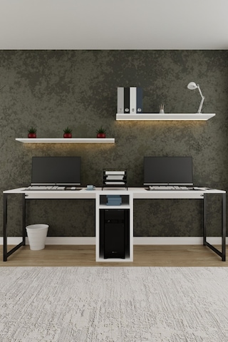 Twin 2 Kişilik Raflı Çalışma Masası Ofis Bilgisayar Masası - Beyaz Beyaz