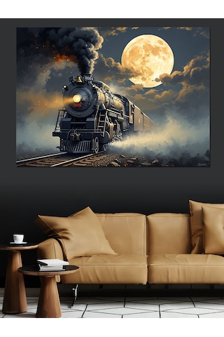 Gece Yolunda Buhar Saçan Tren Dekoratif Kanvas - Mdf Ahşap Tablo