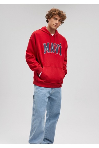 Erkek Mavi Logo Baskılı Kapüşonlu Sweatshirt-kırmızı Kırmızı