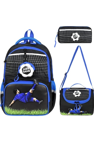 3'lü Set İlkokul Çantası Futbol Topu Desenli Takım Termal Folyo Beslenmeli Erkek Çocuk İlkokul Sırt Çantası Mavi