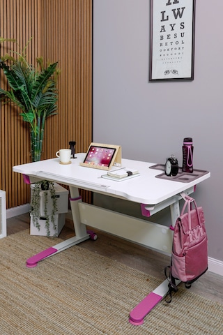 Sirius Simple Yükseklik Ve Eğim Ayarlı, Bilgisayar Ve Ofis Masası, Modern Ekru Çalışma Masası Fuşya Gri