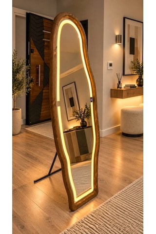 Ledli Doğal Ahşap Çerçeveli 180x60 Cm Ceviz Asimetrik Ayaklı Boy Aynası