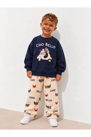 Ciao Bello Baskılı Lacivert Sweatshirt Ve Desenli Eşofman Altı Unisex 3ip Alt Üst Takım