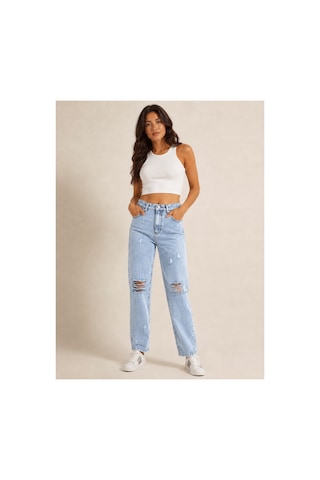 Kene Jeans Yüksek Bel Diz Lazer Yırtık Taş Yıkama Mom Jeans Pantolon Taş Yıkama