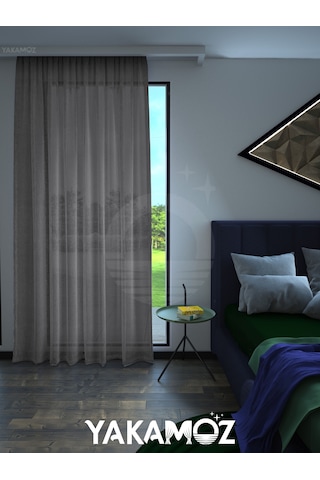 Koyu Gri Keten Görünümlü Ekstraforlu Tül Perde Linen Touch Serisi Koyu Gri