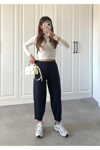 Efnaz Style Kadın Krep Kumaş Balon Pantolon Lacivert