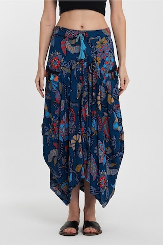 Schık Kadın Viskon Empirme Çiçek Baskı Bohem Stil Cepli Bel Lastikli Etek Lacivert