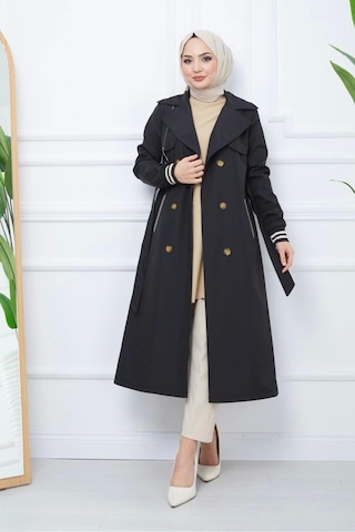 Bondit Kumaş Ribanalı Uzun Boy Trençkot / Siyah - M0110 Siyah