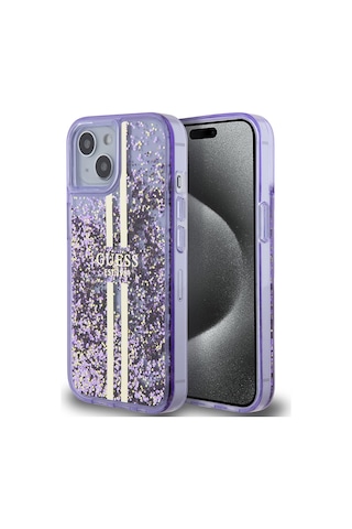 Apple Uyumlu iPhone 14 Kılıf Guess Lisanslı Transparan Sıvılı Simli Altın Çizgili Kapak Mor