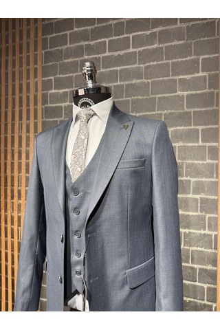 Dupont Classics Dupont Erkek Slim Fit 6 Drop Filafil Viskon Sivri Yaka Çift Yırtmaç Yelekli Takım Elbise Çelik Mavisi