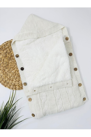 Colarado 70-45cm Kapüşonlu İçi Polar Yün Triko Kundak - Krem Krem