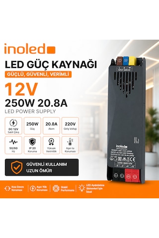 İnoled 1207 20,8a 250w 12v Led Güç Kaynağı Kısa Devre Korumalı Adaptör Şerit Led Trafo 220v Ac 12v Dc Dönüştürücü Yüksek Verimli, Güvenli, Uzun Ömürlü Led Trafo 20,8 A