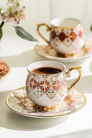 Nehir Rüya Porselen Kahve Fincan Takımı Seti 6 Kişilik Beyaz - Altın