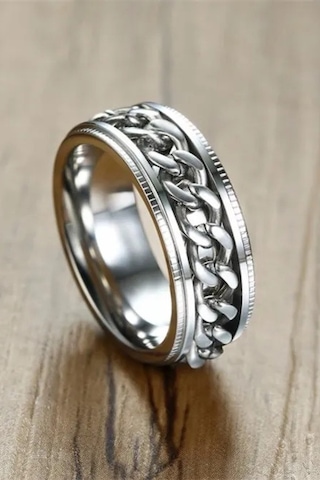 Ortası Dönebilen Zincirli Erkek Kadın Anti-stres Çelik Alyans Yüzük Cl43 Gümüş - Gri