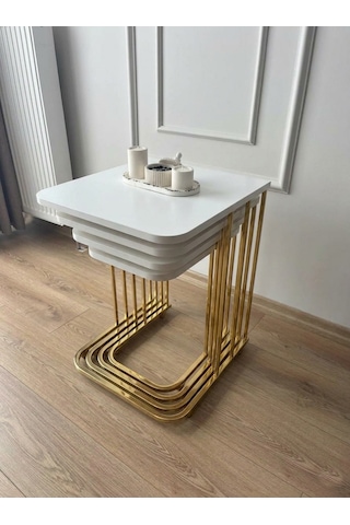 4 Lü Tekerlekli Zigon Sehpa Gold Beyaz