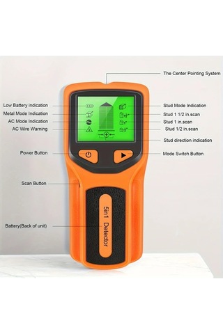 Xuweiwei Turuncu 5 İn 1 Duvar Stud Detektörü Led Ekranlı Taşınabilir Elektronik Stud Bulucu Ahşap Çatı Metal Tespiti Pil İle Çalışır