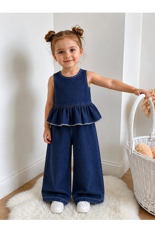 My Kids Wear Mini Chic Fırfır Detaylı Kız Çocuk Takım 12832 Mavi - Siyah