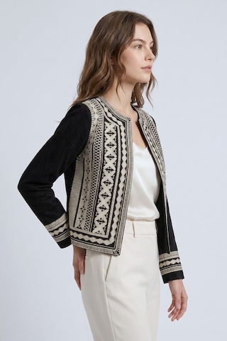 Saade Siyah Kadın Oversize Bisiklet Yaka Önü Açık Nakışlı İnce Gabardin Ceket