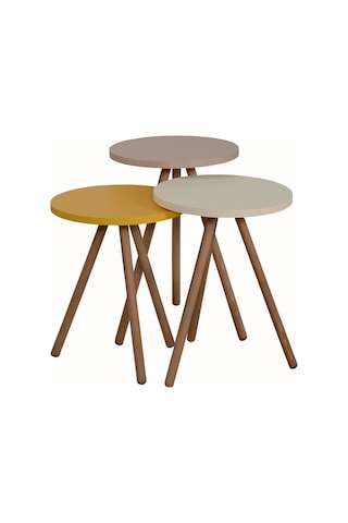 Renkli Üçlü Zigon Sehpa Ahşap Ayaklı Yuvarlak Pastel Tasarım Sarı Krem Cappuccino