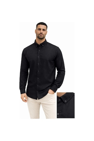 Wear Vexel Erkek Keten Kumaş Uzun Kollu Regular Fit Gömlek - Siyah Çok Renkli
