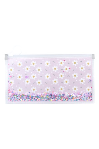 Simli Şeffaf Kalem Çantası - Papatya Desen