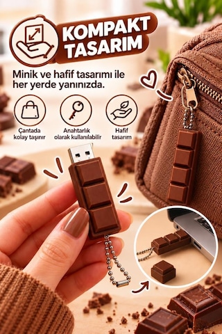 Usb Flash Bellek 64gb Çikolata Görünümlü Anahtarlıklı Usb Drive Usb02 Kahverengi