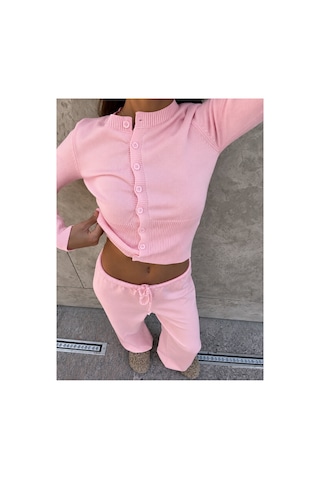 De Pose Düğme Detaylı Pijamalı Hırka Triko Takım Pembe