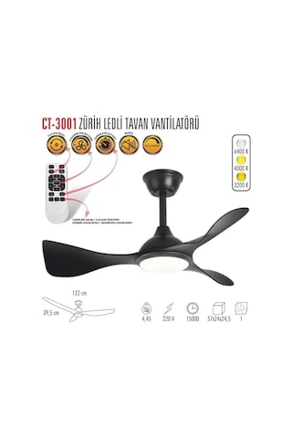 Cata Ct-3001 Modern Tavan Vantilatörü Siyah Led Işıklı Ve Uzaktan Kumandalı Led Sessiz Motor Şık Tasarım 3 Renk Çok Renkli