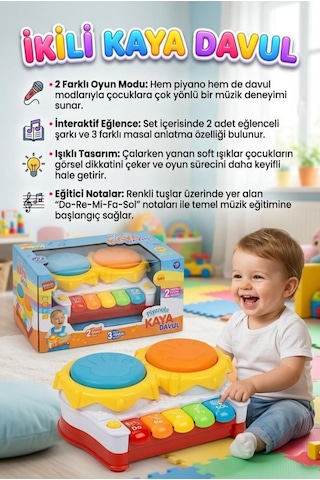 Piyanolu İkili Kaya Davul Işıklı Sesli Müzikli Masal Anlatan Şarkı Çalan Eğitici Oyuncak Enstrüman