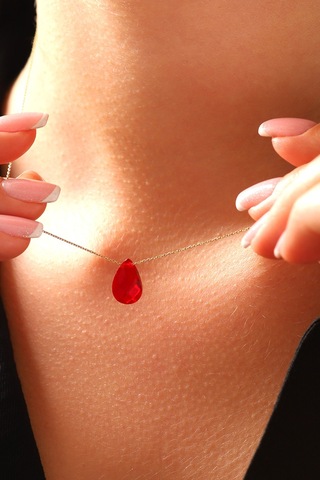 14 Ayar Altın Kolye Yakut Rengi Doğal Kırmızı Taş Altın Zincirli Kolye 45 Cm Uzunluk