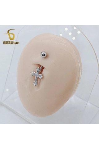 Flybuy Altın Gümüş Zirkon Çapraz Sembol Kavisli Titanyum Navel Ring, 1.5cm, Göbek Yüzük, Dini Tasarım, G23titan Marka, Paslanmaz Çelik Ve Titanyum, Erkek/kadın, Moda Aksesuar Gümüş