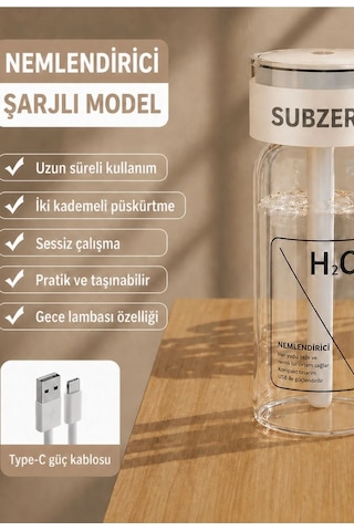 Exenar - Beyaz - Şarjlı Hava Nemlendirici Araç İçi Ambiyanslı H2o Mini Buhar Makinesi Led Işıklı Humidifier Nem Cihazı Standart