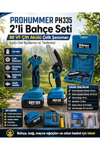 Prohummer Ph335 2li Bahçe Seti 88vf Çift Akülü Şarjlı Dal Budama Testeresi Ve Budama Makası