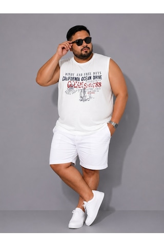Büyük Beden Kolsuz Yuvarlak Yaka Baskılı Erkek Tishirt Atlet Beyaz