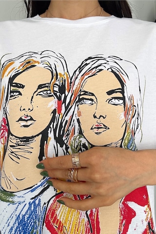 Femelle Kadın Yeni Sezon Bisiklet Yaka Baskılı Pamuk Tişört - A098 Beyaz