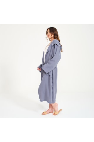 Unisex Kapüşonlu Uzun Müslin Bornoz-Antrasit