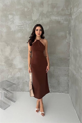 Neşeli Butik Kadın Kahverengi Sırt Dekolteli Metal Yaka Midi Elbise Nbk4543 Kahverengi