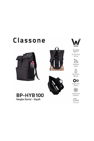 Classone BP-HYB100 Heybe Serisi Wtxpro Su Geçirmez Kumaş 15.6 " Uyumlu Notebook Laptop Macbook Sırt Çantası Siyah