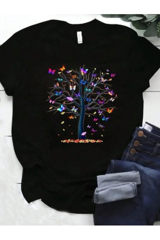 Rahat Kalıp Tree & Butterfly Baskılı Tshirt Siyah